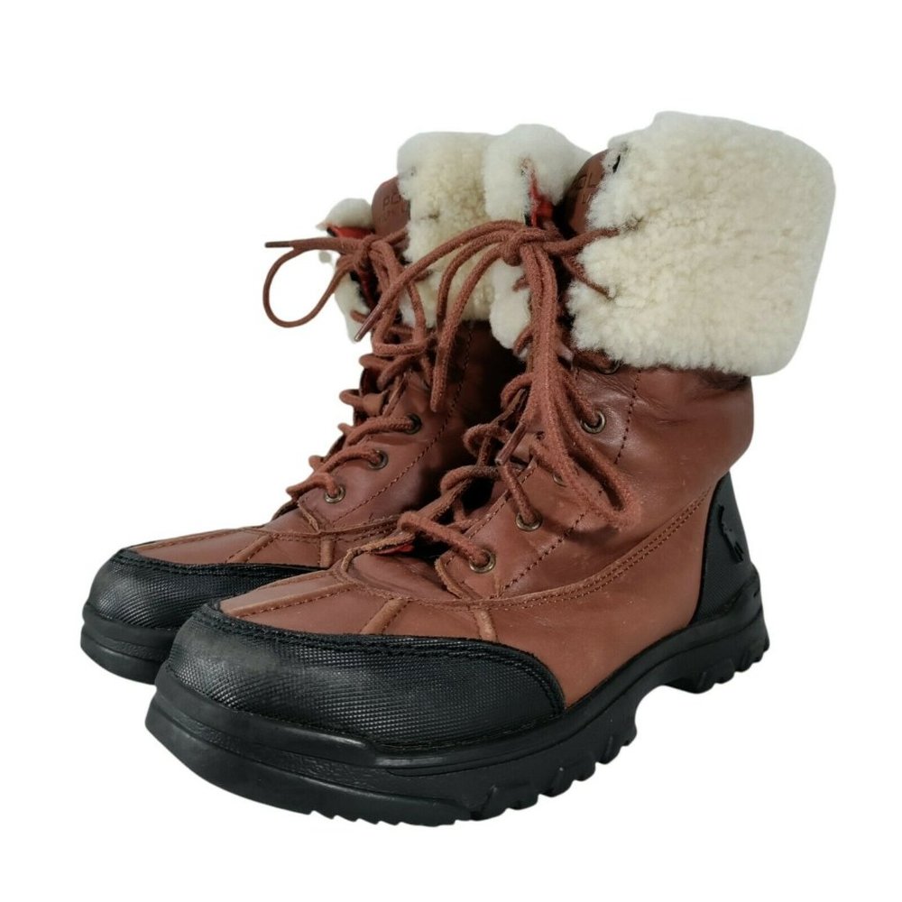 Polo Ralph Lauren Kids Snow Boots 2 Insulated Lace Up Brown Leather Sherpa